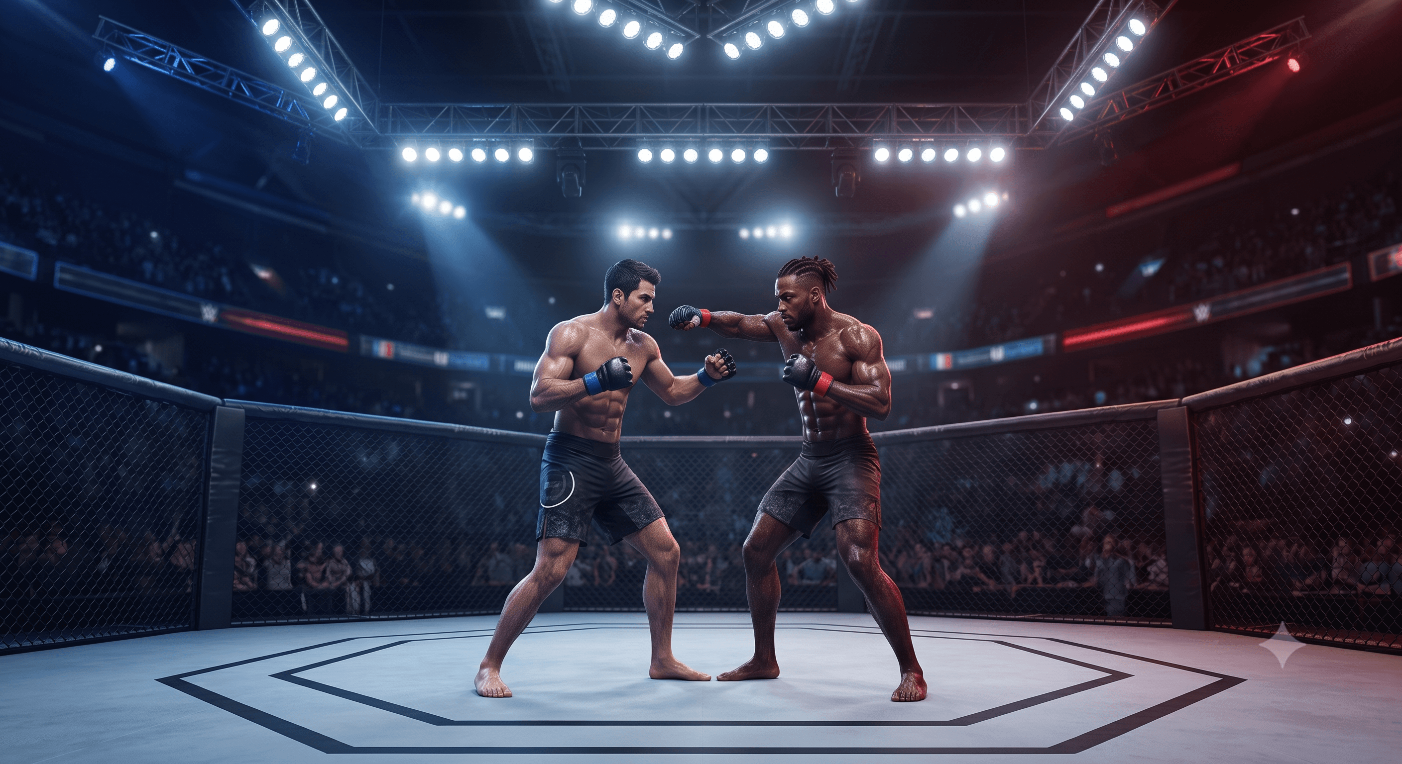 Deux combattants de MMA face à face dans une cage, sous un projecteur bleu et rouge